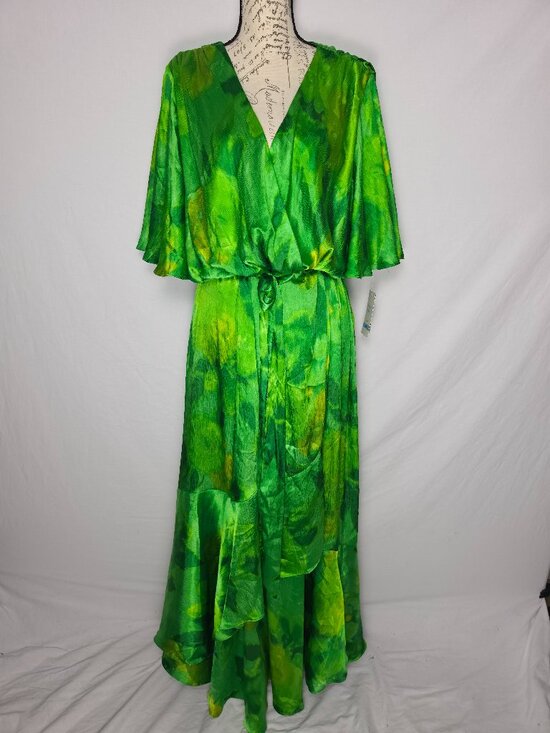 Taylor Dresses & Skirts - Taylor Green Abstract Maxi Dress 20W Flutter Sleeve Ruffle Tie Waist NWT